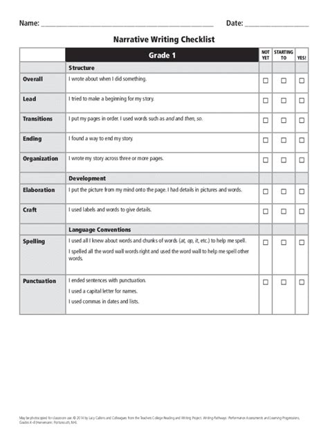 Fillable Online Narrative Writing Checklist Grades 1 And 2 Fax Email