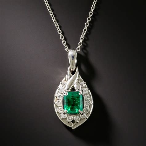 Estate Platinum Emerald Diamond Pendant Necklace