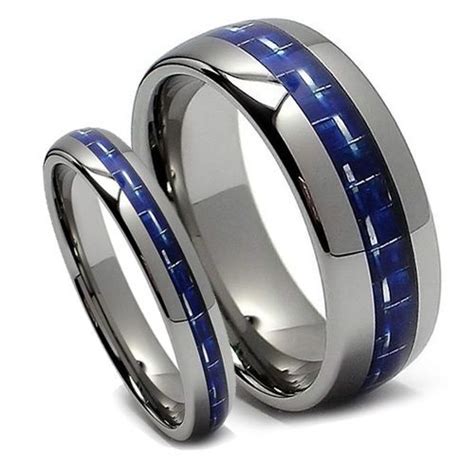 Matching Tungsten Wedding Band Set Blue Carbon Fiber Ring Set Tungsten Wedding Band Sets