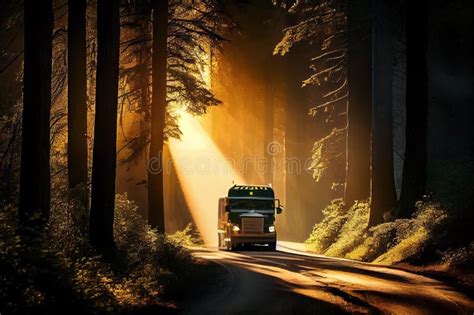 Truck Drives Through Dense Forest On Winding Road With The Sun Shining