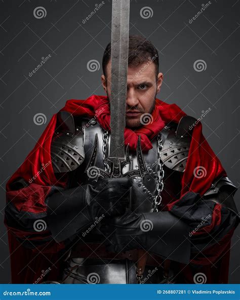 Medieval Dark Knight with Red Cape and Sword Stock Image - Image of ...