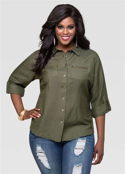 Linen Zip Pocket Shirt Plus Size Tops Ashley Stewart 035 68221m Plus