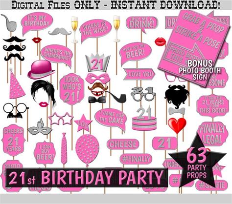 21st Birthday Party Printable Photo Booth Props Hot Pink And Silver