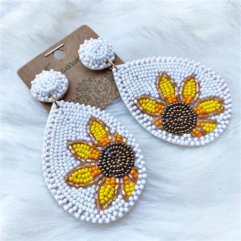 Seed Bead Sunflower Teardrop Earrings White In Beaded Flowers