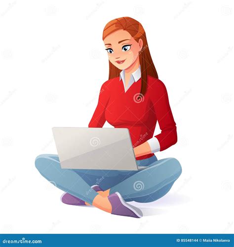 Vector Beautiful Young Woman Working With Laptop Sitting On Floor