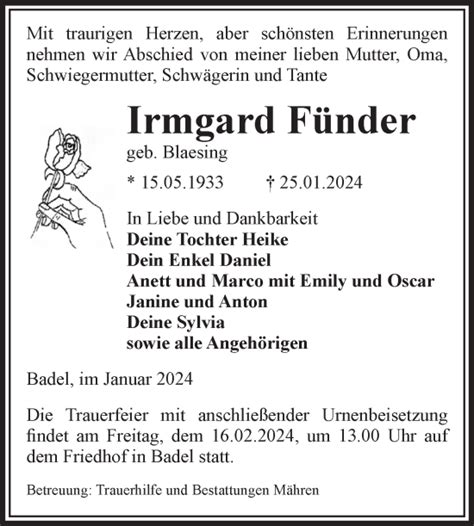 Traueranzeigen Von Irmgard F Nder Abschied Nehmen De