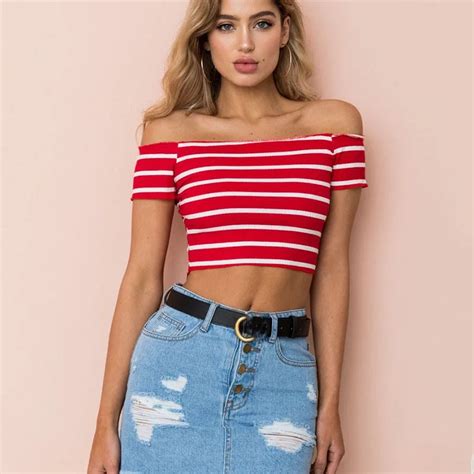 Off Shoulder Sexy Striped Top Tees Cropped Women Short Sleeve Crop Tops