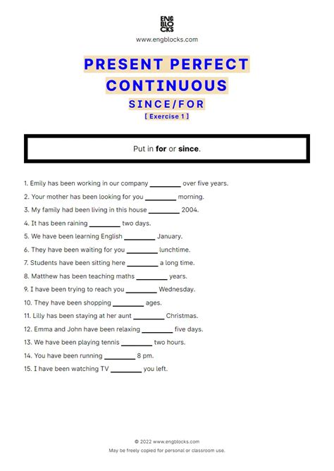 Present Perfect Continuous — since and for | ESL Worksheets