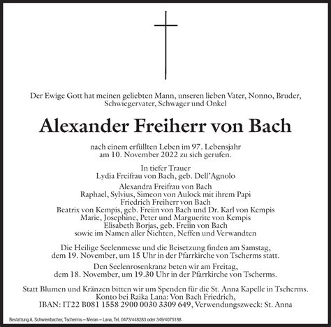 Traueranzeigen Von Alexander Freiherr Von Bach Trauer Bz