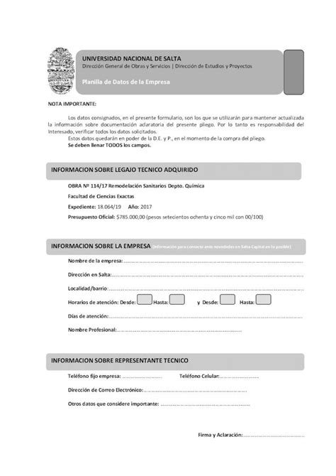 Pdf Planilla De Datos De La Empresa Nota Importante Los Datos