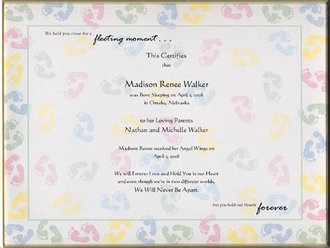 Keepsake Stillborn Birth 85 X 11 Inch Certificate Baby Feet Printed