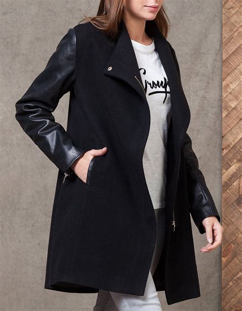 Coat With Leather Look Sleeves COATS WOMAN Stradivarius Greek