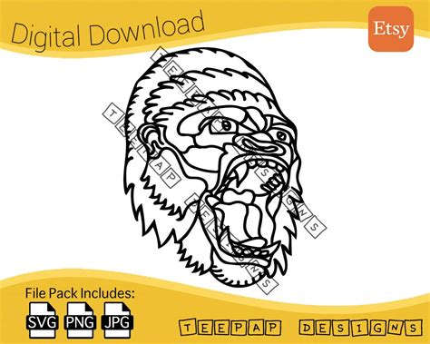 Gorilla Head Outline neo-traditional Tattoo Style Digital Cut File: SVG vector, PNG, JPG Cutting ...