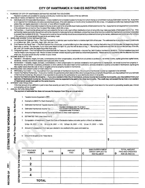 Form H 1040 Es Estimated Income Tax Voucher Instructions City Of