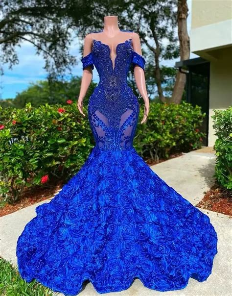 Royal Blue Mermaid Prom Dress 2023 For Black Girls Mesh Glitter Sequins