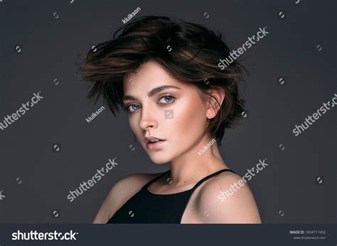 Стоковая фотография Portrait Young Beautiful Brunette Girl Short Shutterstock