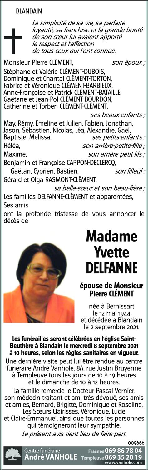 Avis De Décès De Yvette Delfanne Décédé Le 02 09 2021 à Blandain