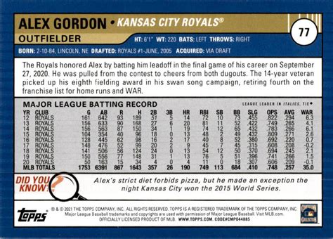 2021 Topps Big League Alex Gordon Kansas City Royals BASEBALL CARD 77