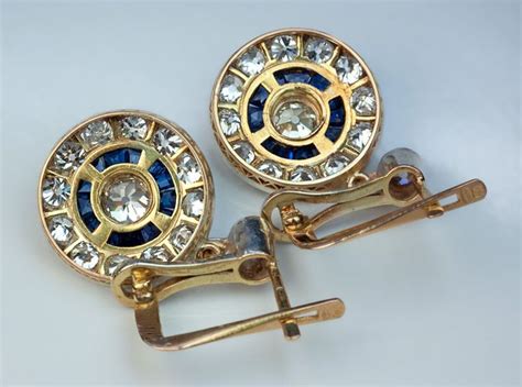 Original Art Deco Diamond Calibre Cut Sapphire Earrings Ref 220543