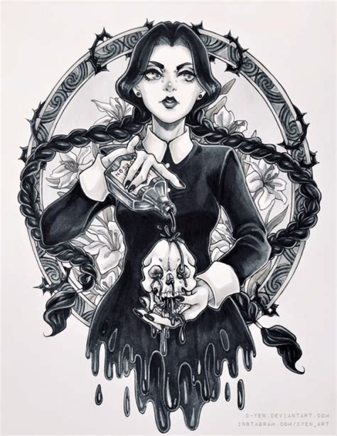 a black and white drawing of a woman holding a skull in her right hand ...