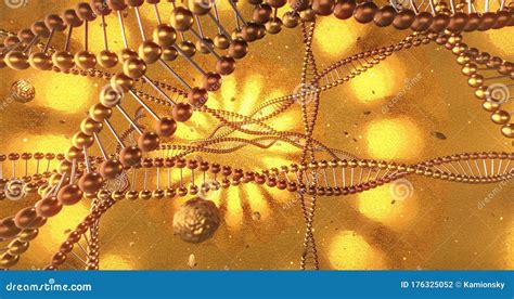 Golden Geometric Background With Swirls Of DNA Molecules 3D Rendering