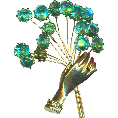 CORO Figural HAND Pin W Turquoise Rhinestone Flowers Initial Jewelry