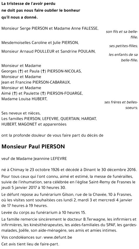 Avis De Décès De Paul Pierson Décédé Le 30122016 à Dinant Annonce