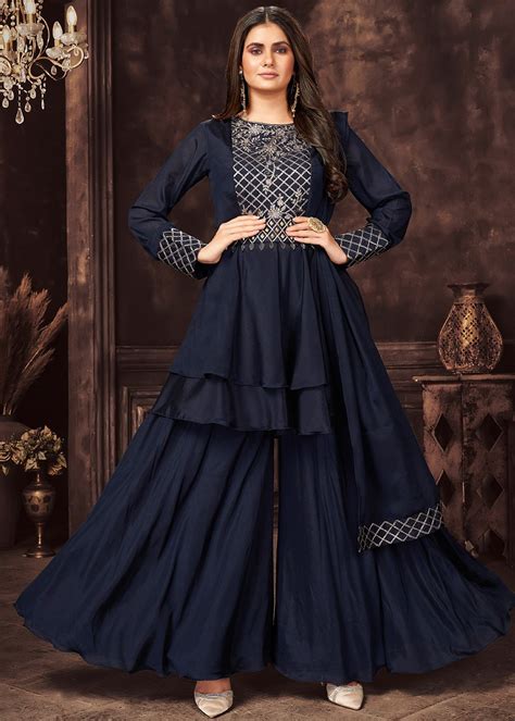 Blue Readymade Embroidered Sharara Suit Set 4207SL02