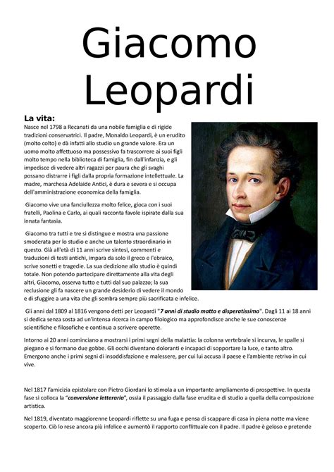 Giacomo Leopardi Vita E Opere Giacomo Leopardi La Vita