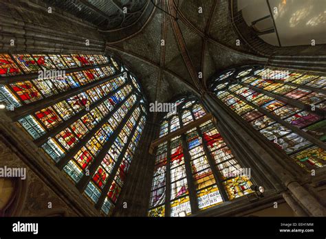 Stained glass window in cathedral of Notre Dame de Tournai Stock Photo ...