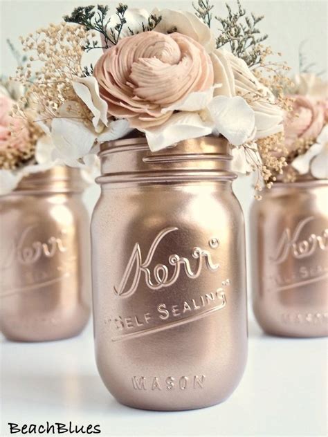 Rose Gold Mason Jar Wedding Centerpiece Metallic Painted Mason Jars Rose Gol Gold Mason