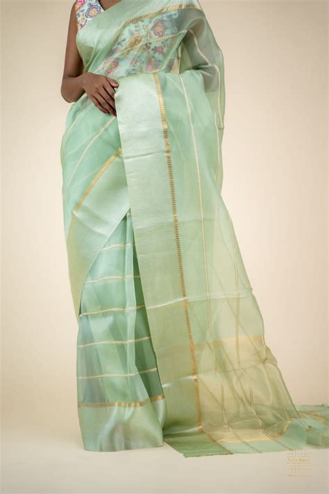 Pista Green Kora Saree With Stripes Tabakashi