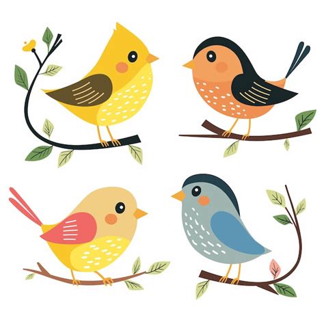 Quatre oiseaux de dessins animés perchés sur des branches de feuilles