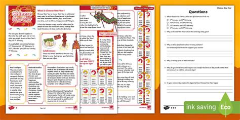 Chinese New Year Reading Comprehension Ks Resource