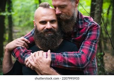 Long Beard Hipster Gay Couple Romantically Stock Photo