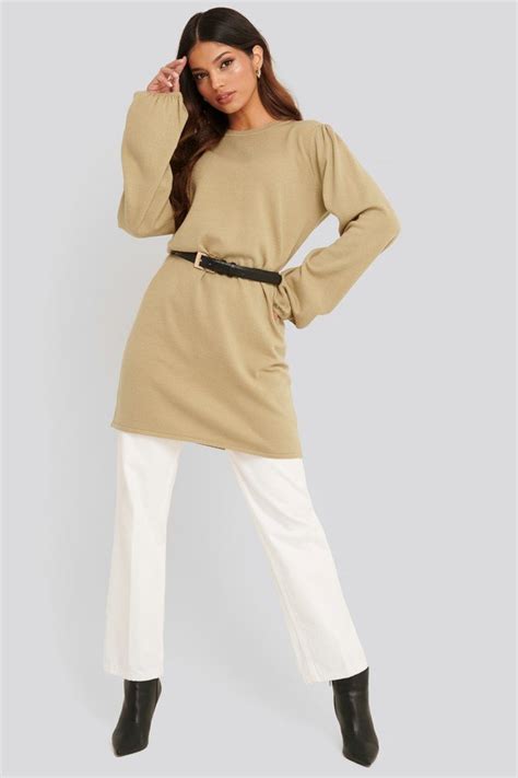 Balloon Sleeve Knitted Long Sweater Beige Na