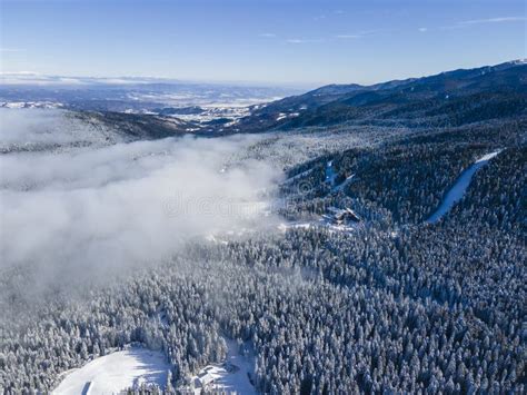 Aerial Winter View Of Rila Mountain Near Of Borovets Bulgaria Stock