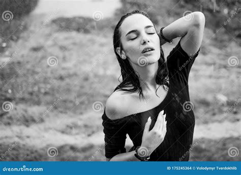 Beautiful Young Woman Enjoying Summer Rain Attractive Brunette Woman