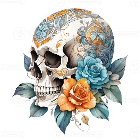 Abstract Watercolor Skull With Flowers Watercolor Floral Skull Design