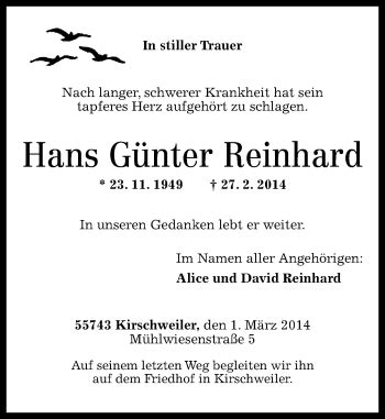 Traueranzeigen von Hans Günter Reinhard rz trauer de