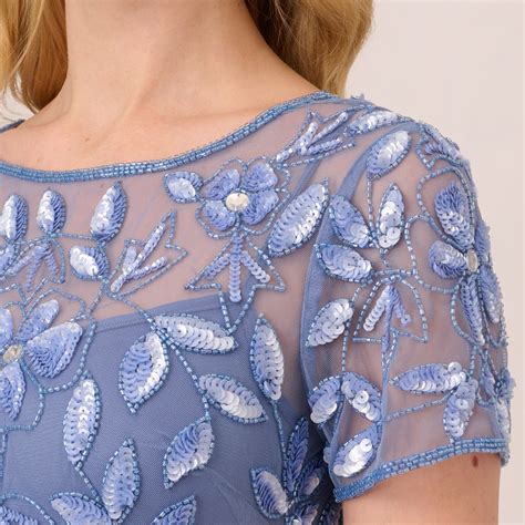 Hand Beaded Short Sleeve Floral Godet Gown In French Blue Adrianna Papell