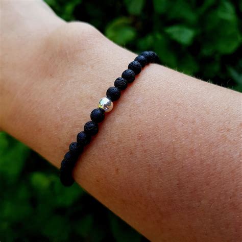 BLACK LAVA Stretch Bracelet Sterling Silver Black Tiny 4MM Gemstone