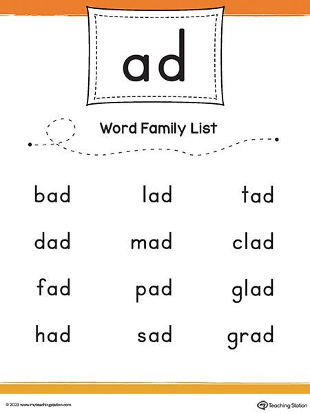 AD Word Family List Printable PDF | MyTeachingStation.com