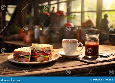 A Rustic Themed Clubhouse Sandwich Setting With Cup Of Coffee Stock