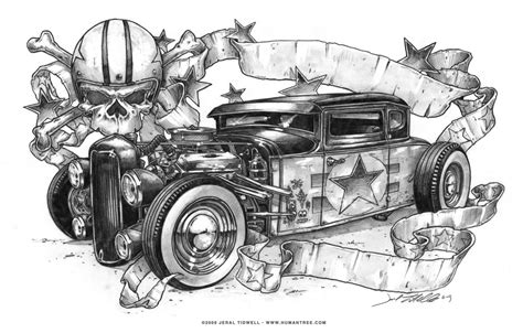 a drawing of an old car with skulls and stars on the hood, in front of it