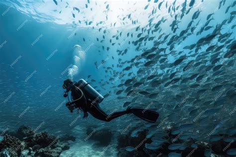 Premium Ai Image Scuba Diver Surrounded By Schools Of Fish In