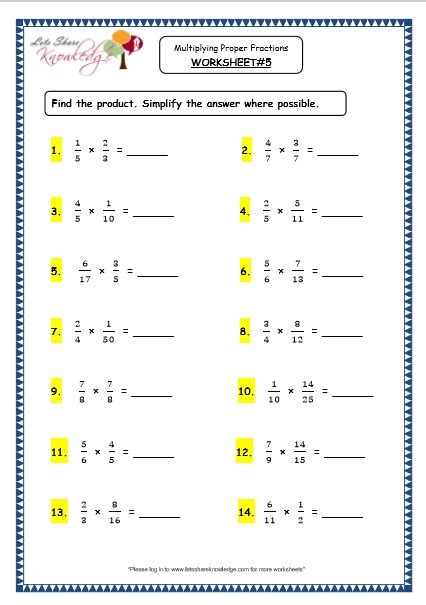 Grade 5 Math Worksheets Multiplying Fractions Missing Factors K5