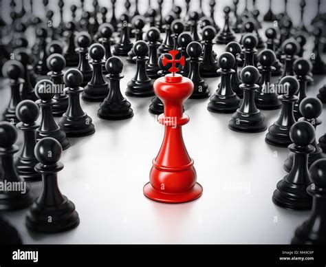 Red Chess King Standing Among White Pawns 3D Illustration Stock Photo