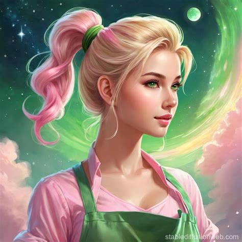 Blonde Woman In Pink Ponytail And Green Apron Stable Diffusion Online