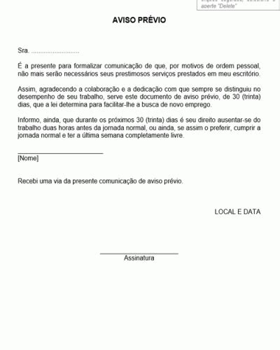 Modelo De Carta De Aviso Pr Vio